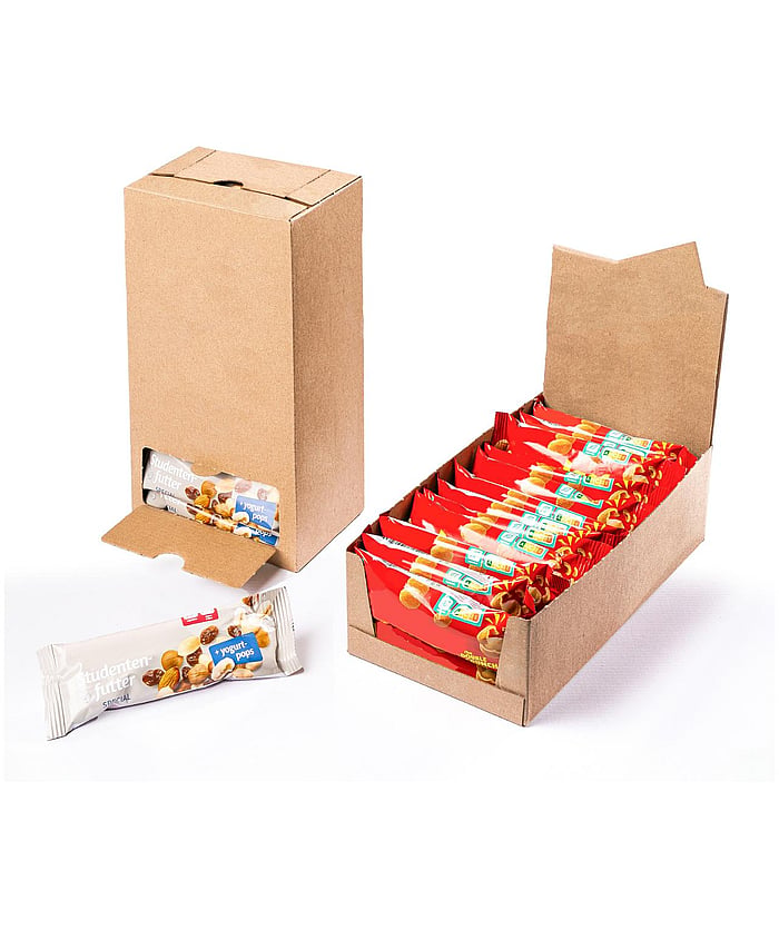 Two examples of shelf-ready packaging solutions with open lids containing packages of salted nuts that consumers can easily remove from the packaging.