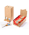 Two examples of shelf-ready packaging solutions with open lids containing packages of salted nuts that consumers can easily remove from the packaging.