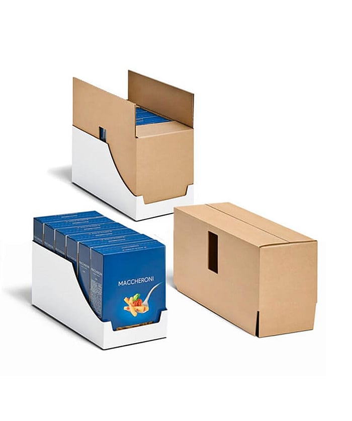 Mondi's shelf-ready packaging solution, TwinBox, is shown with and without the lid, allowing consumers to access the product inside (a box of pasta).