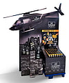 An image of a custom paper-based display solution featuring a helicopter-shaped design at the top.