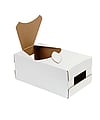 A plain white, unbranded, corrugated wrap-around shelf solution.