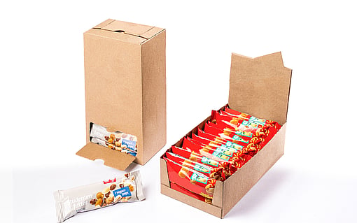 Two examples of shelf-ready packaging solutions with open lids containing packages of salted nuts that consumers can easily remove from the packaging.