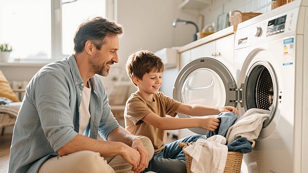 Photograph of an adult and a child placing laundry into a front‑loading washing machine in a home laundry area.
