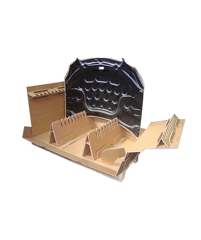 A corrugated packaging solution designed for large automotive components, such as bonnets.