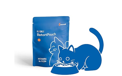 Illustration of a blue “Retort Pouch” standing next to a stylised blue cat eating from a bowl.