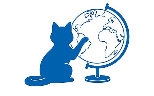 Illustration of a stylised blue cat with one paw resting on a globe mounted on a stand.