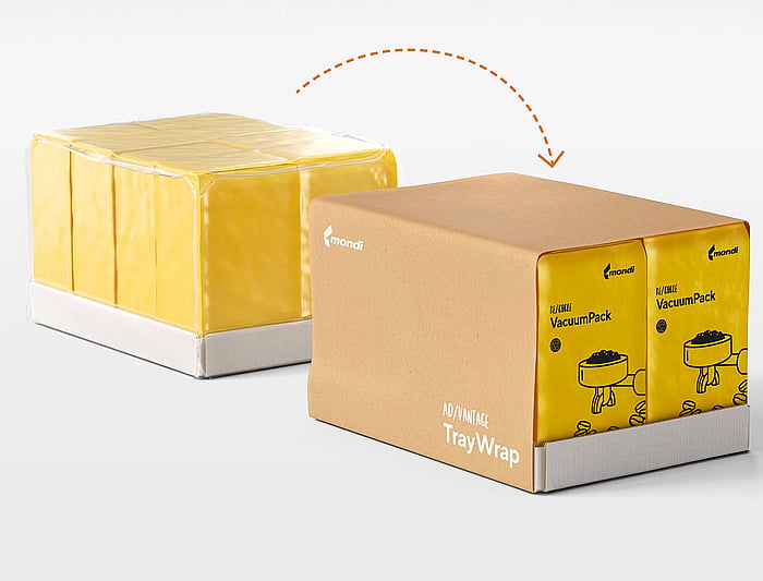 A rectangular tray wrapped in brown paper sits on a white surface. The packaging is labeled “TrayWrap,” and the wrapped bundle appears neatly folded with white inner boxes visible along the edges.