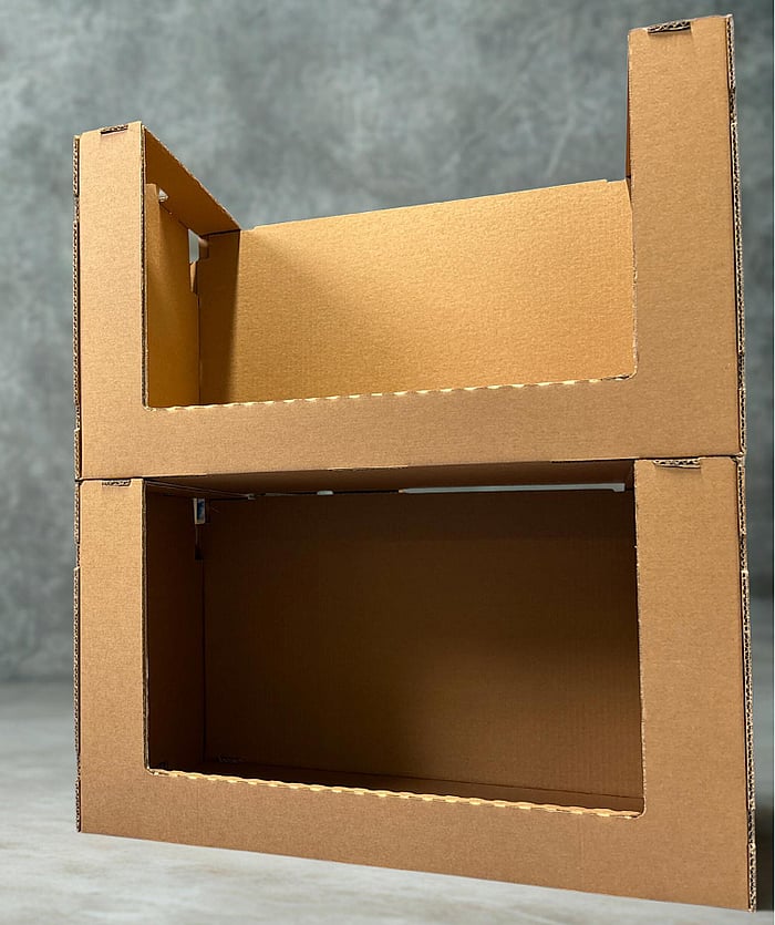 Shelves made out of corrugated packaging.