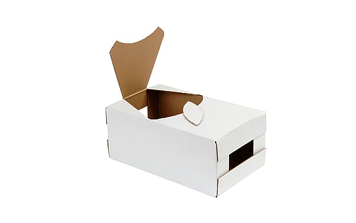A plain white, unbranded, corrugated wrap-around shelf solution.