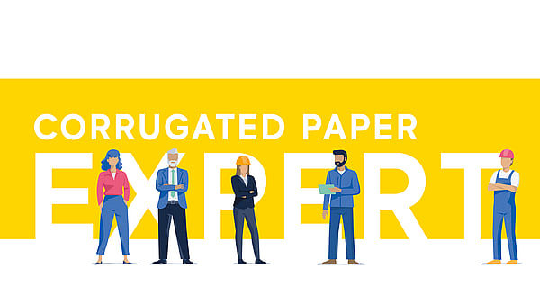 animated people posing in front of yellow background with white text reading 'corrugated paper experts'