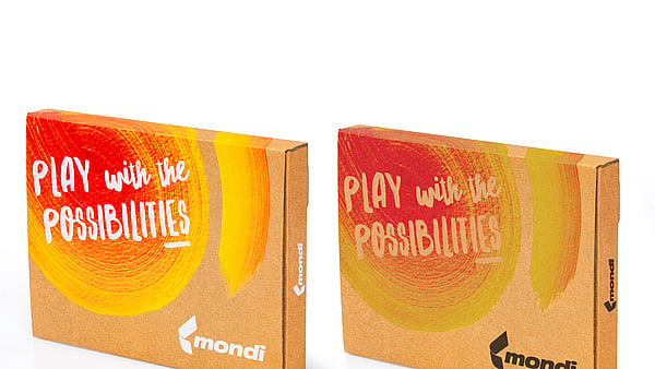 Two Mondi packaging boxes featuring red and yellow brushstrokes, with the phrase 'Play with the possibilities' displayed in the top-left corner and Mondi's logo positioned in the bottom-right corner