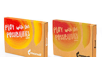 Two Mondi packaging boxes featuring red and yellow brushstrokes, with the phrase 'Play with the possibilities' displayed in the top-left corner and Mondi's logo positioned in the bottom-right corner