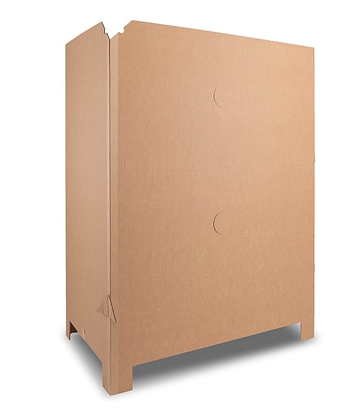 A product image of a large-volume container designed for intralogistics, made from corrugated cardboard.