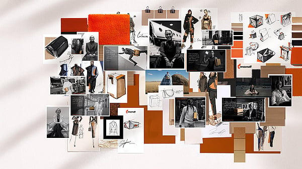 A moodboard combining fashion photos, design sketches, Mondi packaging, and orange Mondi-branded fabrics.