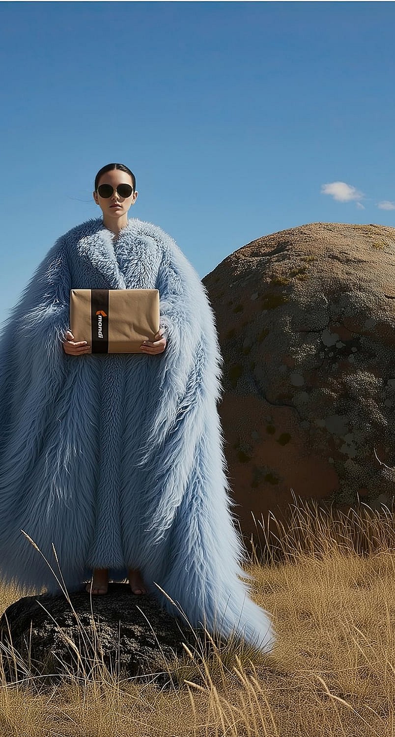 Person standing on a rock in an open grassland landscape, wearing a long light‑blue coat and holding a Mondi package, with a large boulder and clear blue sky in the background.