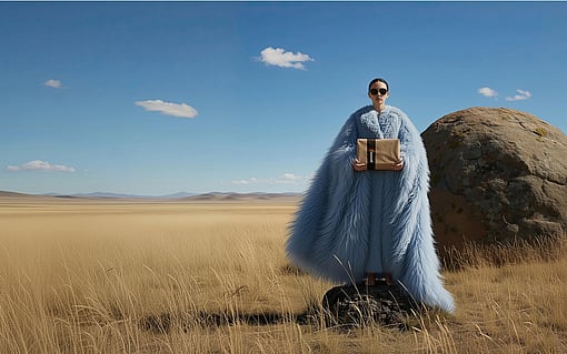 Person standing on a rock in an open grassland landscape, wearing a long light‑blue coat and holding a Mondi packaging, with a large boulder and clear blue sky in the background.