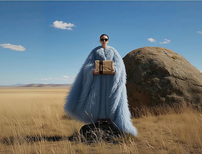 Person standing on a rock in an open grassland landscape, wearing a long light‑blue coat and holding a Mondi package, with a large boulder and clear blue sky in the background.