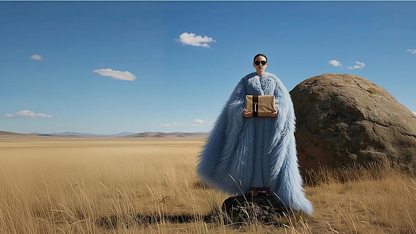 Person standing on a rock in an open grassland landscape, wearing a long light‑blue coat and holding a Mondi packaging, with a large boulder and clear blue sky in the background.