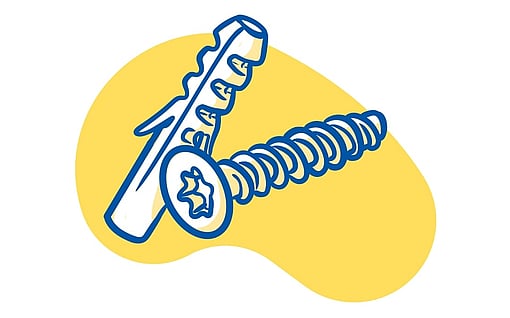 Illustration of a screw and a wall plug (anchor) in blue outline, positioned diagonally on a yellow abstract background.