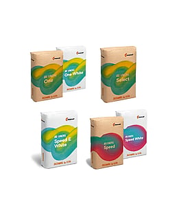 Six Mondi packaging bags arranged in two rows against a light grey background, showing different product variants in brown and white. Each bag features a curved, multicolour graphic design (green, blue, yellow, or red tones) and the Mondi logo, representing a range of “Advantage” and “Speed” paper grades.