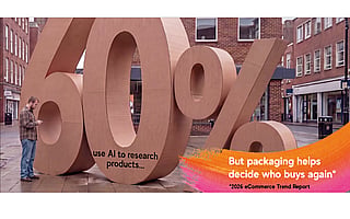 Large freestanding “60%” figures installed in an urban street setting outside brick buildings. A person stands beside the number six looking at a mobile phone. Text on the image reads: “60% use AI to research products…” and “But packaging helps decide who buys again*”. Additional text reads: “*2026 eCommerce Trend Report”.