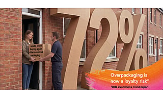 Large freestanding “72%” figures positioned along a residential street in front of brick houses. A person at a doorway hands over a parcel-sized box to another person standing outside. Text on the box reads: “would avoid buying again after oversized packaging…”. Additional text on the image reads: “Overpackaging is now a loyalty risk*” and “*2026 eCommerce Trend Report”.