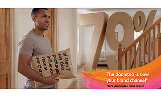 Large freestanding “79%” figures displayed inside a residential hallway near a staircase. A person holds a parcel wrapped in brown paper featuring the text: “of Gen Z say that packaging influences purchase”. Additional text on the image reads: “The doorstep is now your brand channel*” and “*2026 eCommerce Trend Report”.