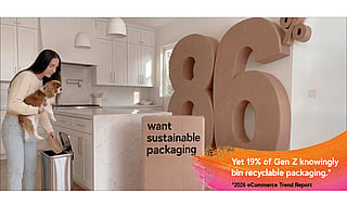 Large freestanding “86%” figures displayed in a bright residential kitchen. A person holding a dog places an item into a recycling bin beside a cardboard box. The box contains the text: “want sustainable packaging”. Additional text on the image reads: “Yet 19% of Gen Z knowingly bin recyclable packaging.*” and “*2026 eCommerce Trend Report”.