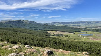 aerial shot of a countryside which includes a forest, open fields and rocks
