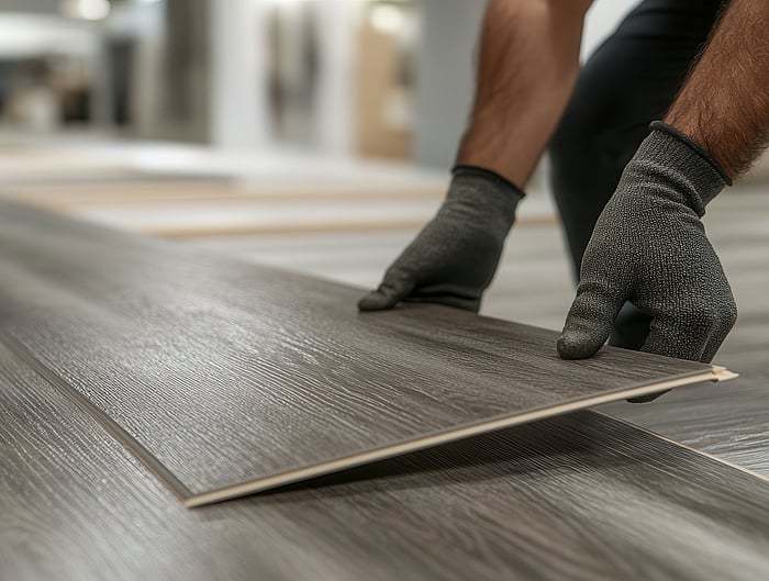 Person mit Schutzhandschuhen positioniert ein Holzfußbodenpaneel während der Verlegung.