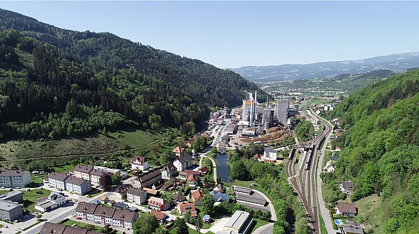 aerial view of a Mondi production site set against a green countryside and blue skies