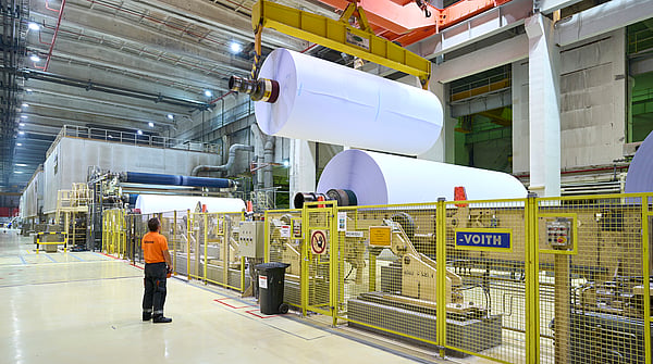 Interior of Mondi SCP in Ružomberok, the Slovak Republic’s largest integrated paper and pulp mill, showing two jumbo paper reels.