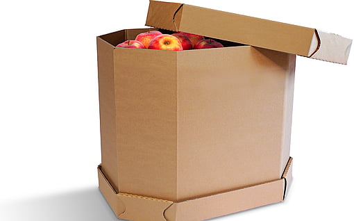 A corrugated octabin container filled with apples.