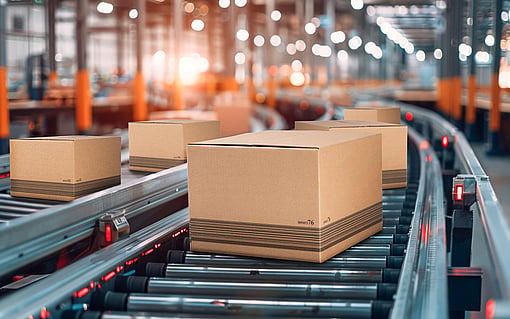 A conveyor belt transporting a corrugated box with a barcode printed on.