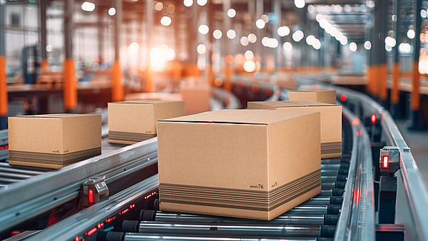 brown cardboard boxes moving along a conveyor belt in a factory setting.