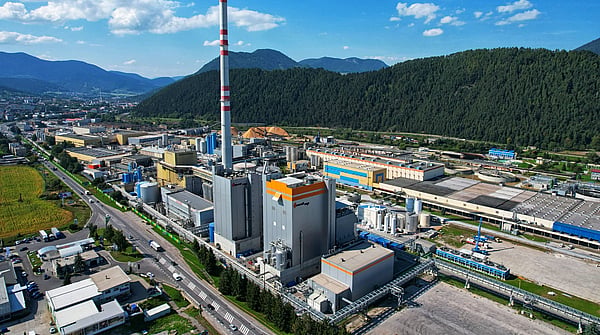 aerial shot of a Mondi production site set against blue skies and plenty of greenery