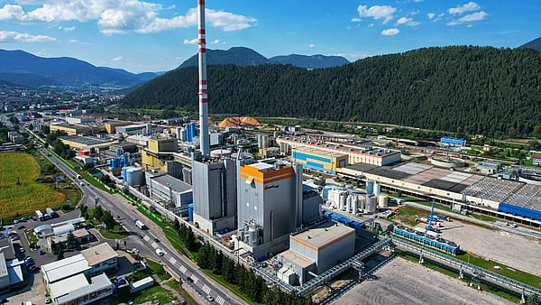 aerial shot of a Mondi production site set against blue skies and plenty of greenery