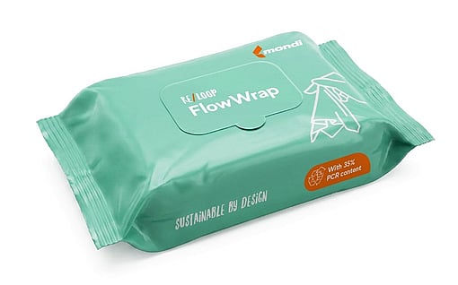 Recyclable flexible packaging with “re/loop Flow Wrap” branding, featuring a hand opening the pack and a note indicating 35% post‑consumer recycled content.