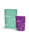 Illustration of two retort pouches in green and purple, each with a stylised animal line drawing on the packaging.