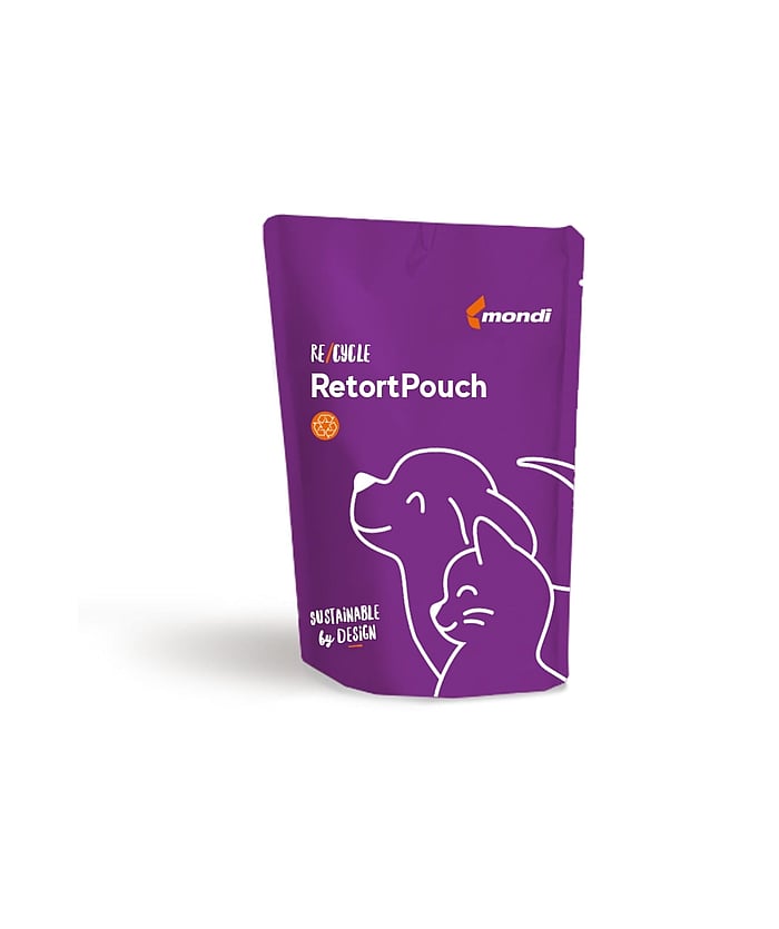 Illustration of a purple retort pouch with a stylised animal line drawing on the packaging.