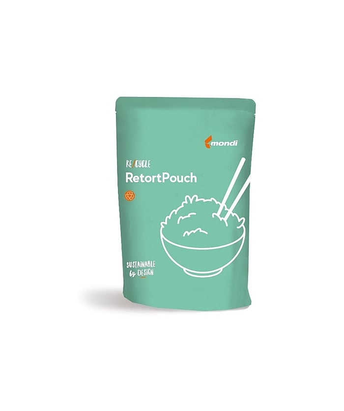 Illustration of a green retort pouch with a stylised animal line drawing on the packaging.