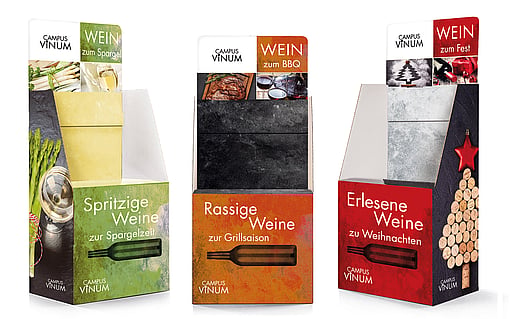 A range of displays for wine bottles.