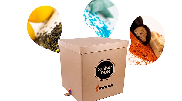 Mondi TankerBox on a white background with colourful images behind it