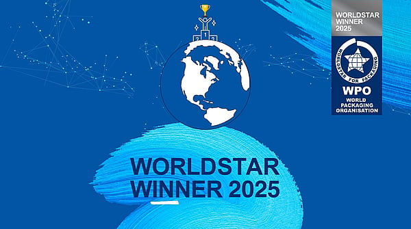 Logo for WorldStar Award winner 2025. A blue planet earth set on a blue background with lighter blue brushstroke.