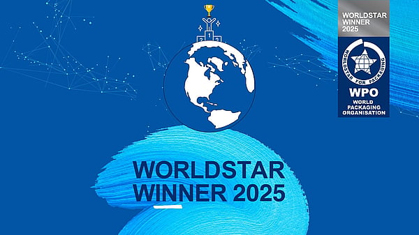 Logo for WorldStar Award winner 2025. A blue planet earth set on a blue background with lighter blue brushstroke.