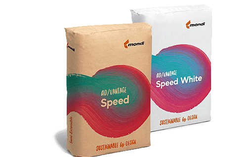 Two Mondi packaging bags displayed side by side against a light grey background: a brown bag labeled “Advantage Speed” and a white bag labeled “Speed White”, both featuring a curved, multicolour graphic design and the Mondi logo.
