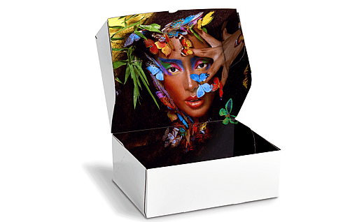 A white corrugated box is open, revealing a colorful design on the inside.