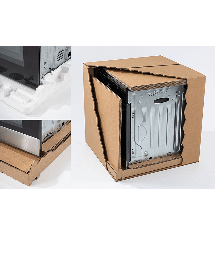 Illustration of a sustainable packaging solution that replaces polystyrene (EPS) with corrugated cardboard.