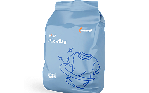 Light blue Mondi Re/loop PillowBag packaging featuring a line illustration of folded textiles and the text “Sustainable by design”.